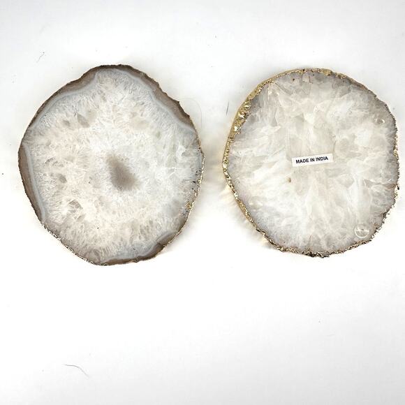 White Agate Coasters Set of 2 Gold Rimmed 4" Stone Slices Made in India - Picture 4 of 5